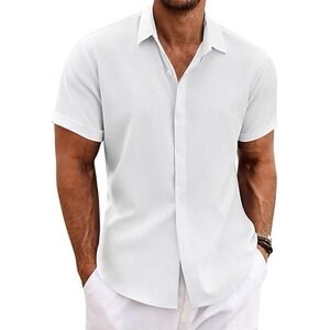 COOFANDY Mens Linen Blend Short Sleeve Button Down Shirt White 3XL Casual Summer